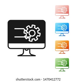 Black Computer monitor with graph chart icon isolated on white background. Report text file icon. Accounting sign. Audit, analysis, planning. Set icons colorful. Vector Illustration