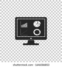 Black Computer monitor with graph chart icon isolated on transparent background. Report text file icon. Accounting sign. Audit, analysis, planning. Flat design. Vector Illustration