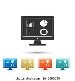 Black Computer monitor with graph chart icon isolated on white background. Report text file icon. Accounting sign. Audit, analysis, planning. Color set icons. Vector Illustration