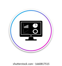 Black Computer monitor with graph chart icon isolated on white background. Report text file icon. Accounting sign. Audit, analysis, planning. Circle white button. Vector Illustration