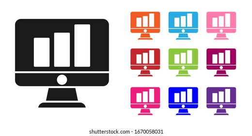 Black Computer monitor with graph chart icon isolated on white background. Report text file. Accounting sign. Audit, analysis, planning. Set icons colorful. Vector Illustration