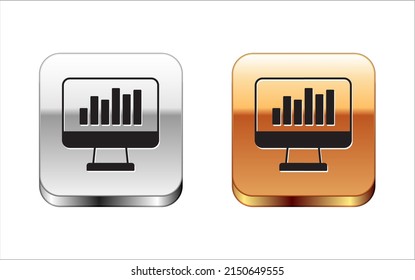 Black Computer monitor with graph chart icon isolated on white background. Report text file icon. Accounting sign. Audit, analysis, planning. Silver and gold square buttons. Vector