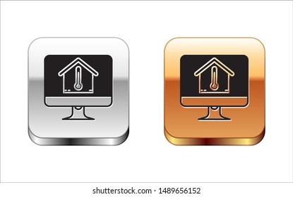 Black Computer monitor with house temperature icon isolated on white background. Thermometer icon. Silver-gold square button. Vector Illustration