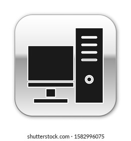 Black Computer monitor icon isolated on white background. PC component sign. Silver square button. Vector Illustration