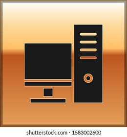 Black Computer monitor icon isolated on gold background. PC component sign.  Vector Illustration