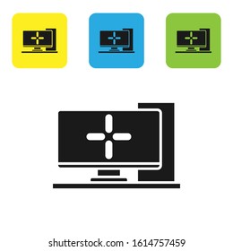 Black Computer monitor icon isolated on white background. PC component sign. Set icons colorful square buttons. Vector Illustration