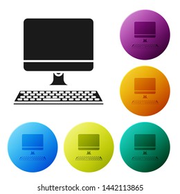 Black Computer monitor with keyboard icon isolated on white background. PC component sign. Set icons colorful circle buttons. Vector Illustration
