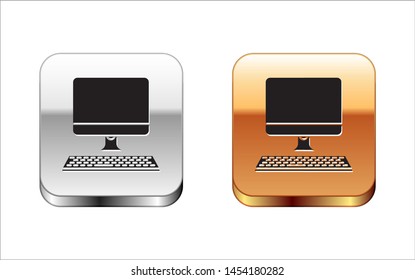 Black Computer monitor with keyboard icon isolated on white background. PC component sign. Silver-gold square button. Vector Illustration