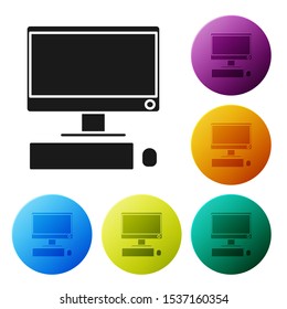 Black Computer monitor with keyboard and mouse icon isolated on white background. PC component sign. Set icons colorful circle buttons. Vector Illustration