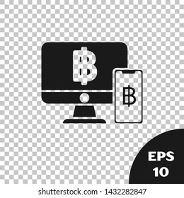 Black Computer monitor with mobile phone and bitcoin icon isolated on transparent background. Online shopping concept. Earnings in the Internet.  Vector Illustration