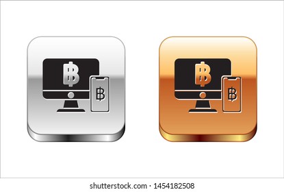 Black Computer monitor with mobile phone and bitcoin icon isolated on white background. Online shopping concept. Earnings in the Internet. Silver-gold square button. Vector Illustration