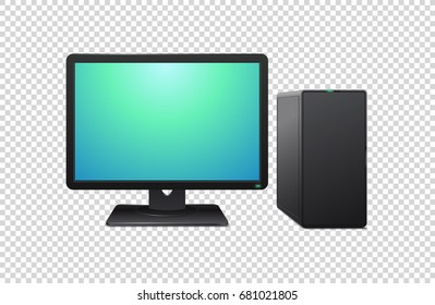 Black computer with monitor on transparent background