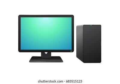 Black computer with monitor on white background