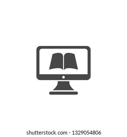 black computer monitor with open book Isolated on white background. Flat vector simple icon. Internet knowledge symbol. Good for web and mobile design.  on-line education sign. 