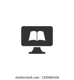 black computer monitor with open book Isolated on white background. Flat vector simple icon. Internet knowledge symbol. Good for web and mobile design.  on-line education sign. 