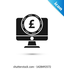 Black Computer monitor with pound sterling symbol icon isolated on white background. Online shopping concept. Earnings in the Internet.  Vector Illustration