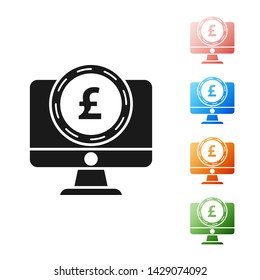 Black Computer monitor with pound sterling symbol icon isolated on white background. Online shopping concept. Earnings in the Internet. Set icons colorful. Vector Illustration