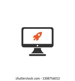 Black computer monitor with red rocket. isolated on white. Flat vInternet setting symbol. Good for web and mobile design.  