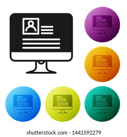 Black Computer monitor with resume icon isolated on white background. CV application. Searching professional staff. Analyzing personnel resume.  Set icons colorful circle buttons. Vector Illustration