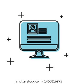 Black Computer monitor with resume icon isolated on white background. CV application. Searching professional staff. Analyzing personnel resume.   Vector Illustration