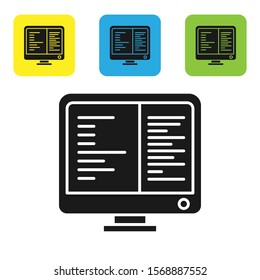 Black Computer monitor screen icon isolated on white background. Electronic device. Front view. Set icons colorful square buttons. Vector Illustration