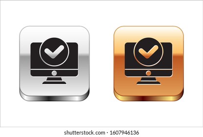 Black Computer monitor screen icon isolated on white background. Electronic device. Front view. Silver-gold square button. Vector Illustration