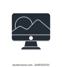 Black Computer monitor screen icon isolated on white background. Electronic device. Front view.  Vector