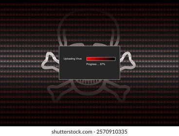 Black computer monitor screen with window saying uploading virus progress 87 per cent completed. Illustration made January 13th, 2025, Zurich, Switzerland.