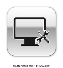 Black Computer monitor with screwdriver and wrench icon isolated on white background. Adjusting, service, setting, maintenance, repair, fixing. Silver square button. Vector Illustration