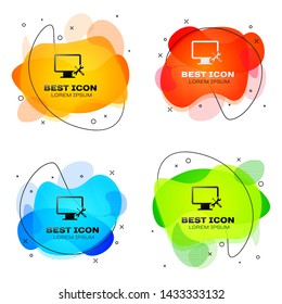 Black Computer monitor with screwdriver and wrench icon isolated on white background. Adjusting, service, setting, maintenance, repair, fixing. Set of liquid color abstract shapes. Vector Illustration