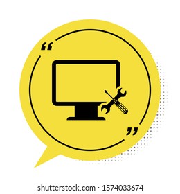 Black Computer monitor with screwdriver and wrench icon isolated on white background. Adjusting, service, setting, maintenance, repair, fixing. Yellow speech bubble symbol. Vector Illustration
