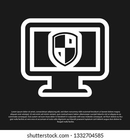 Black Computer monitor and shield icon isolated on black background. Computer security, firewall technology, internet privacy safety or antivirus. Vector Illustration
