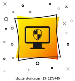 Black Computer monitor and shield icon isolated on white background. Computer security, firewall technology, internet privacy safety or antivirus. Yellow square button. Vector Illustration