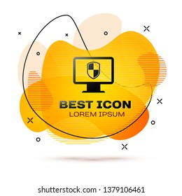 Black Computer monitor and shield icon isolated on white background. Computer security, firewall technology, internet privacy safety or antivirus. Fluid color banner. Vector Illustration