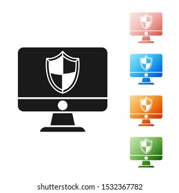 Black Computer monitor and shield icon isolated on white background. Security, firewall technology, internet privacy safety or antivirus. Set icons colorful. Vector Illustration
