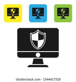 Black Computer monitor and shield icon isolated on white background. Security, firewall technology, internet privacy safety or antivirus. Set of colorful square icon buttons. Vector Illustration