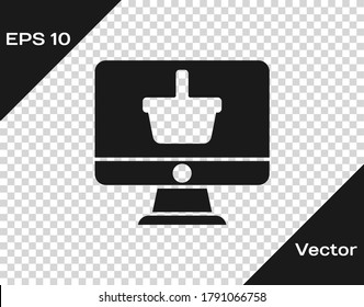 Black Computer monitor with shopping basket icon isolated on transparent background. Online Shopping cart. Supermarket basket symbol.  Vector Illustration