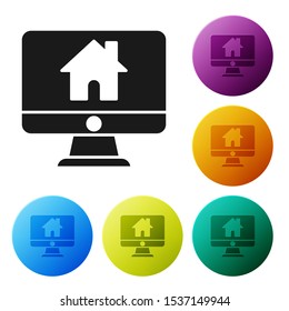 Black Computer monitor with smart home icon isolated on white background. Remote control. Set icons colorful circle buttons. Vector Illustration