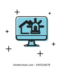 Black Computer monitor with smart house and alarm icon isolated on white background. Security system of smart home.  Vector Illustration