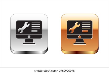Black Computer monitor with wrench icon isolated on white background. Adjusting, service, setting, maintenance, repair. Silver-gold square button. Vector