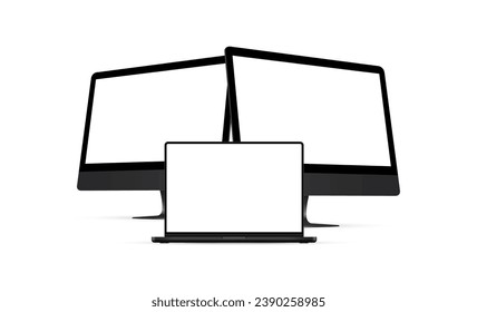 Black Computer Monitors And Laptop With Blank Screens, Front and Side View, Isolated on White Background. Vector Illustration