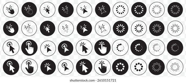 Black Computer mouse click cursor. Load symbol. Pointer cursor and loading icon. Cursors icons click set. Clicking cursor, pointing hand clicks icons on Transparent Background. EPS 10.