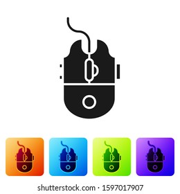 Black Computer mouse gaming icon isolated on white background. Optical with wheel symbol. Set icons in color square buttons. Vector Illustration
