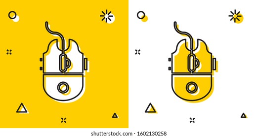 Black Computer mouse gaming icon isolated on yellow and white background. Optical with wheel symbol. Random dynamic shapes. Vector Illustration