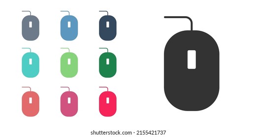 Icono de juego del ratón del ordenador negro aislado en fondo blanco. Óptico con el símbolo de la rueda. Indique los iconos en colores. Vector