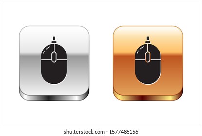 Black Computer mouse icon isolated on white background. Optical with wheel symbol. Silver-gold square button. Vector Illustration