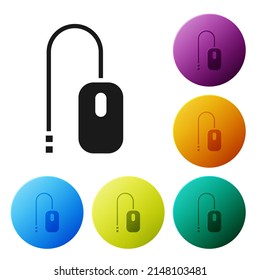 Black Computer mouse icon isolated on white background. Optical with wheel symbol. Set icons in color circle buttons. Vector Illustration