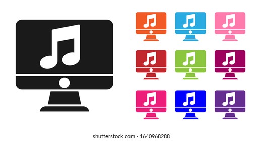 Black Computer with music note symbol on screen icon isolated on white background. Set icons colorful. Vector Illustration