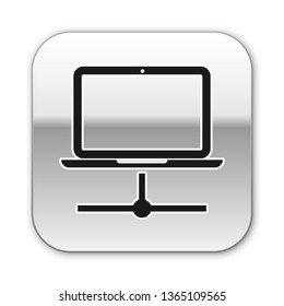 Black Computer network icon isolated on white background. Laptop network. Internet connection. Silver square button. Vector Illustration