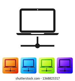 Black Computer network icon isolated on white background. Laptop network. Internet connection. Set icon in color square buttons. Vector Illustration